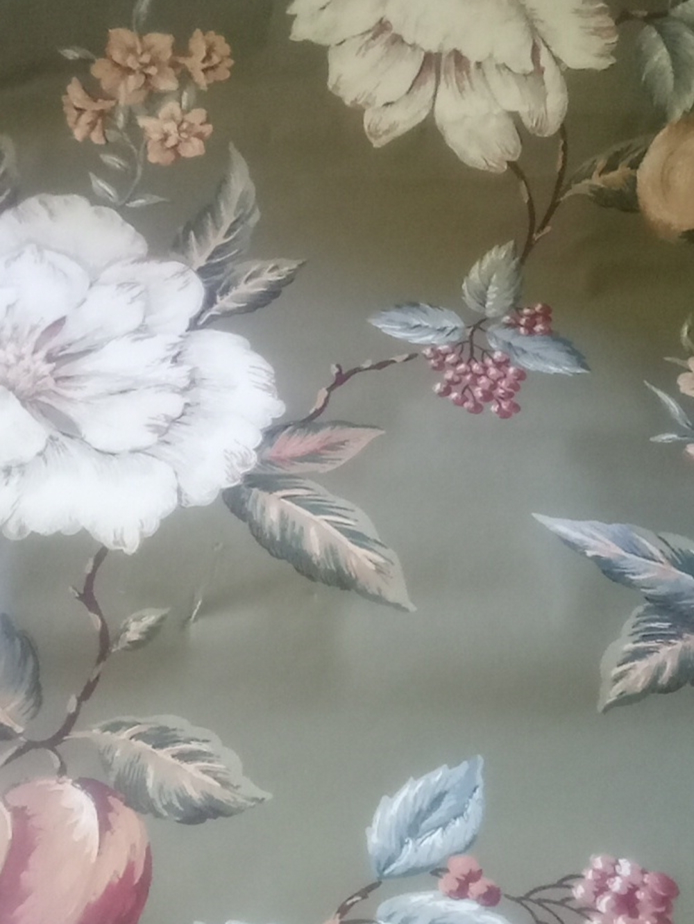 Botanical Floral Wallpaper in Olive Green with White and Pink Accents